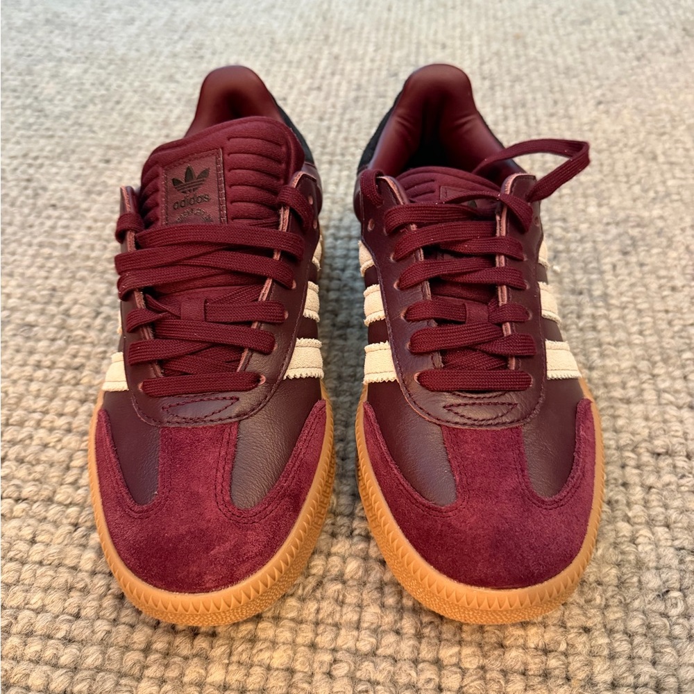 adidas Women's Low-Top Sneakers in Burgundy, White & Gum Sole - Picture 2 of 5